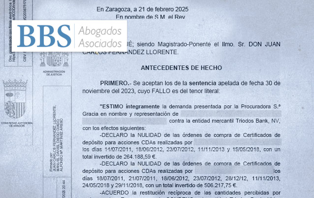 Sentencia de la Audiencia Provincial de Zaragoza con condena a TRIODOS BANK